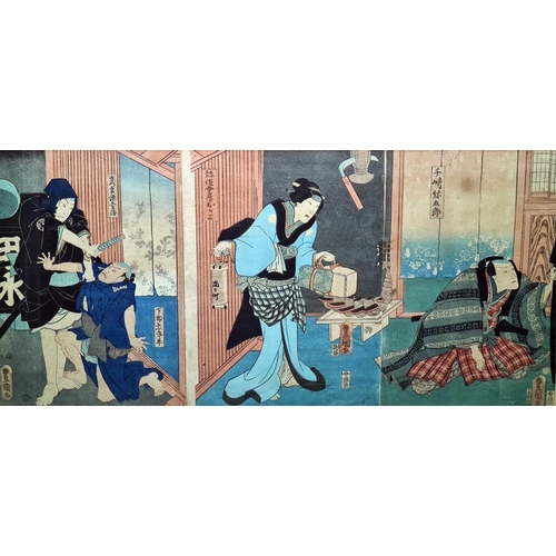 138 - Three Japanese woodblock colour prints, Toyohara Kunichika, Actors 1866, another by Utagawa Kunisada... 