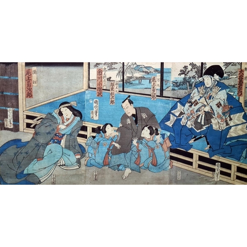 138 - Three Japanese woodblock colour prints, Toyohara Kunichika, Actors 1866, another by Utagawa Kunisada... 