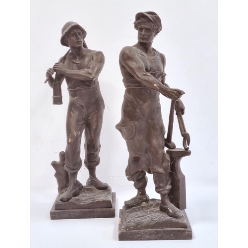 152 - Pair of bronzed working men figures to include miner and blacksmith, on square wooden stands, 34cm h... 