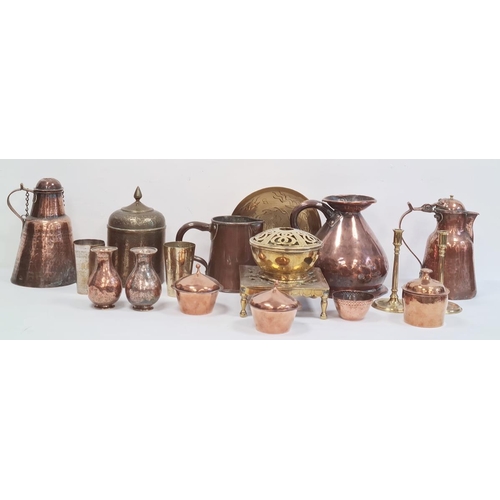 158 - Quantity of copper and brassware to include large copper jug, Middle Eastern lidded pot, other assor... 