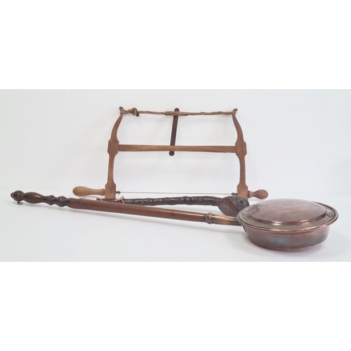 191 - Copper warming pan, a vintage coping saw and a wooden shillelagh (3)