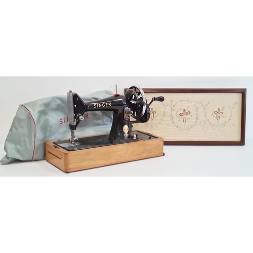 195 - Singer sewing machine and a rectangular embroidered tray with wooden frame (2)