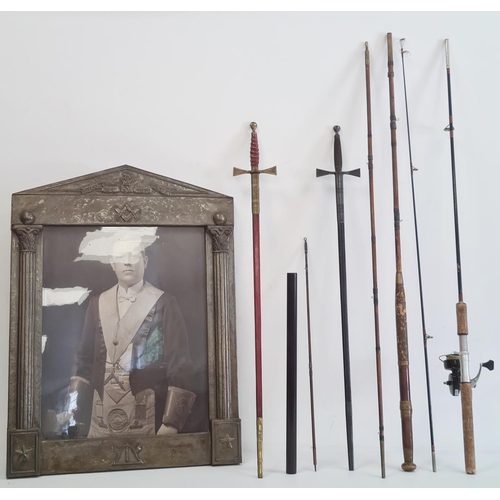 196 - Intrepid Black Prince fishing rod, two dress swords and a photograph of a gentleman in Masonic dress... 