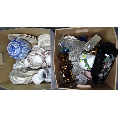 286 - Two boxes of glass and ceramics including various part tea services such as Royal Swan, Queen Anne a... 