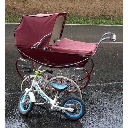 303A - Silver Cross pram with maroon fittings, a tray beneath the pram, double wheels and swan fitting  and... 