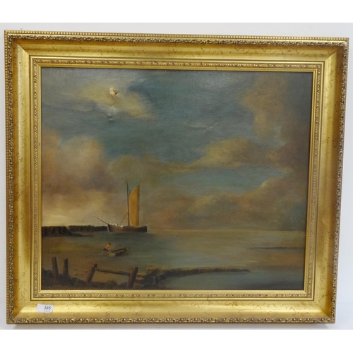 385 - J B 
 Oil on canvas
 Seascape with fishing boat, initialled and dated 68 lower left, 49cm x 59.5cm