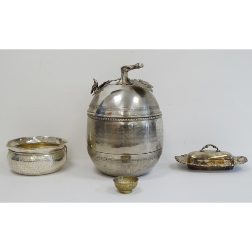 426 - Silver-coloured metal lidded large pot with branch and leaf finial, engraved decorations of phoenix ... 