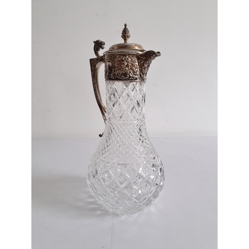 441 - Edwardian silver-mounted cut glass claret jug, London 1913 with pinecone finial, mask spout and myth... 