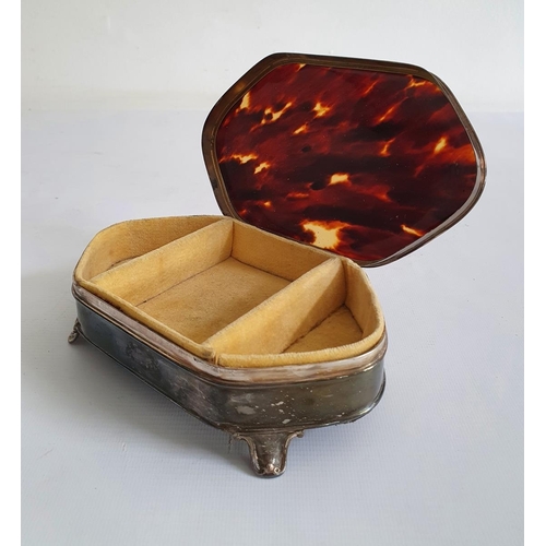 445 - 1920's silver and tortoiseshell lidded lozenge-shaped jewellery box, the tortoiseshell mounted lid o... 