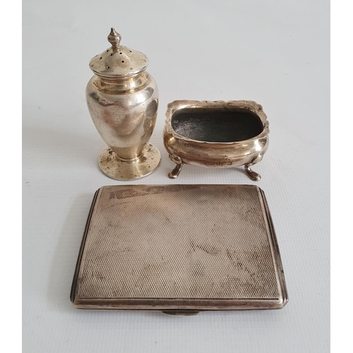 454 - Scottish silver silver miniature sifter Glasgow 1835 (dented), a silver salt (missing glass) and a 1... 