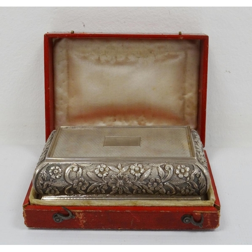 504 - Victorian silver rectangular lidded box, floral relief and engine-turned decorated 'Presented to Tho... 