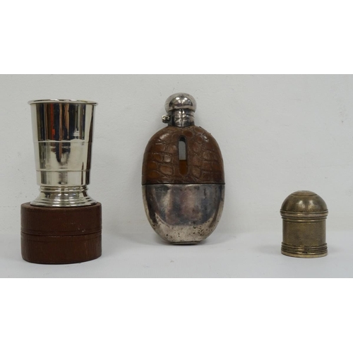 508 - Early 20th century silver and leather-mounted glass hip flask, Sheffield 1903, Walker & Hall, a silv... 