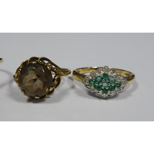 546 - 9ct gold, green stone and diamond lozenge-shaped ring, a 9ct gold, green stone and diamond ring set ... 