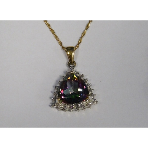 548 - 9ct gold pendant on chain set with trillion-shaped multi-coloured gem, a 9ct gold pendant set with g... 