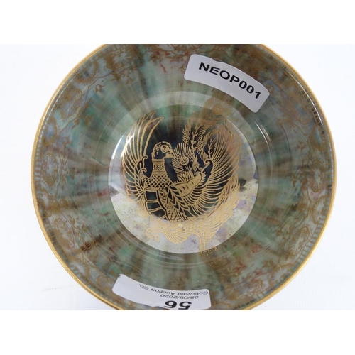 56 - Wedgwood lustre ware bowl, the inside decorated with phoenix on green ground, the exterior orange gr... 