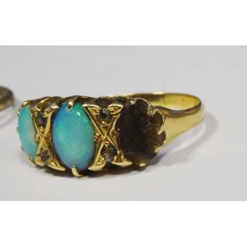 591 - 18ct gold and turquoise opal set three-stone ring (one stone missing), 4g approx total and a 9ct gol... 