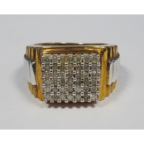 614 - Gent's 9ct gold and diamond dress ring, rectangular set with six rows of small diamonds, step should... 