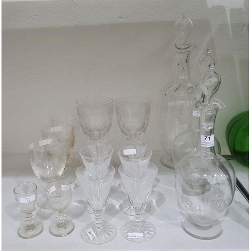 71 - A set of six Waterford cut glass wines, three various decanters, and various other cut glass wines