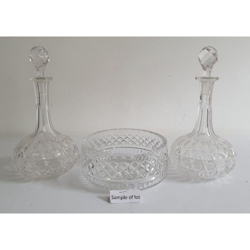 76 - Pair of cut glass decanters of onion form together with various pieces of cut glass, etc