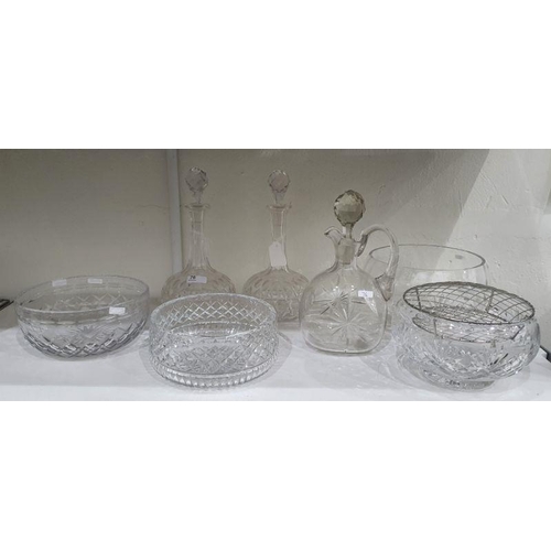 76 - Pair of cut glass decanters of onion form together with various pieces of cut glass, etc