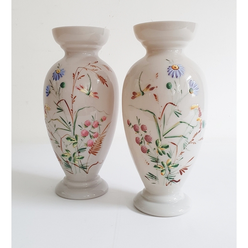 69 - Pair of late Victorian opaline glass vases with applied floral and dragonfly decoration, both approx... 