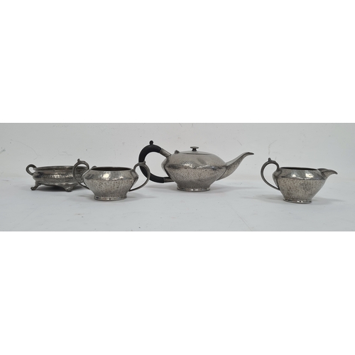 196b - Hammered pewter three piece tea set and a two handled dish (4)