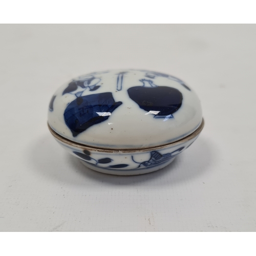 85 - Chinese porcelain lidded small box, painted in blue with acrobatic swordsmen, 6.5cm dia.