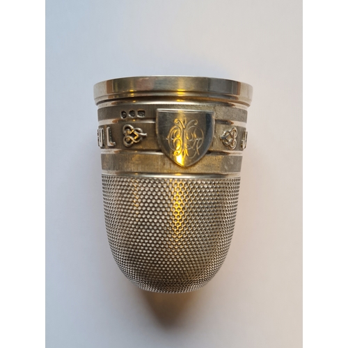 502a - Victorian silver-coloured metal thimble whisky tot inscribed 'Just a Thimble Full', 800 mark