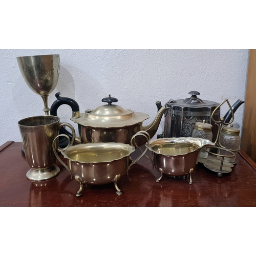 424 - Quantity of plated ware to include teapots, trophy cups, flatware, condiment set, etc (1 box)