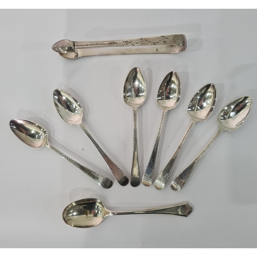 467C - Set of six Georgian silver bright cut teaspoons, Newcastle assay and matching pair of sugar nips tog... 