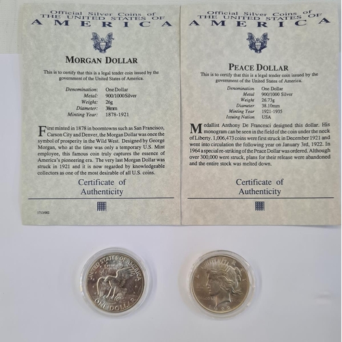 215 - Peace dollar with Liberty to reverse, 1922 with certificate, a Morgan dollar 1889, with certificate ... 