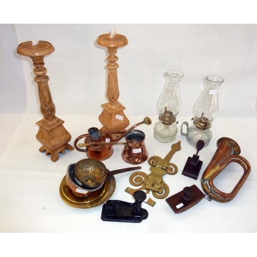 277 - A pair of wooden candle sticks, copper-ware, wooden blotter, brass-ware, door mounts and escutcheon ... 