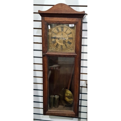 1004 - 20th century rectangular weight-driven wall clock with wooden gilt-coloured Roman numeral dial, 90cm... 