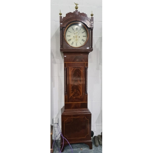 1009 - 19th century mahogany longcase clock, arched hood enclosing circular dial (13