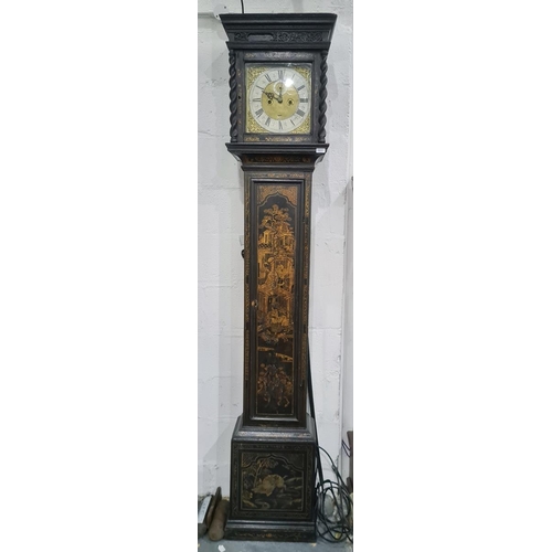 1011 - 18th century black lacquered longcase clock, the square-shaped hood enclosing brass dial, subsidiary... 