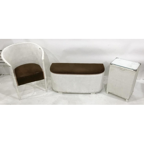 1064 - Loom ottoman, a chair and a laundry basket, all painted white (3)