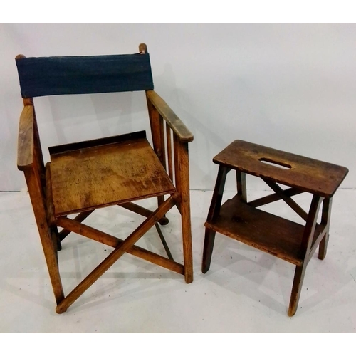 1066 - Folding campaign-style chair and a vintage pine kitchen step (2)