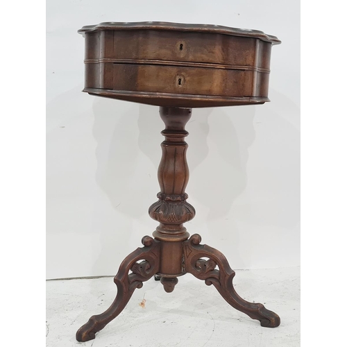 1087 - Mahogany centre work table with shaped lift-top opening to reveal part fitted interior, single drawe... 