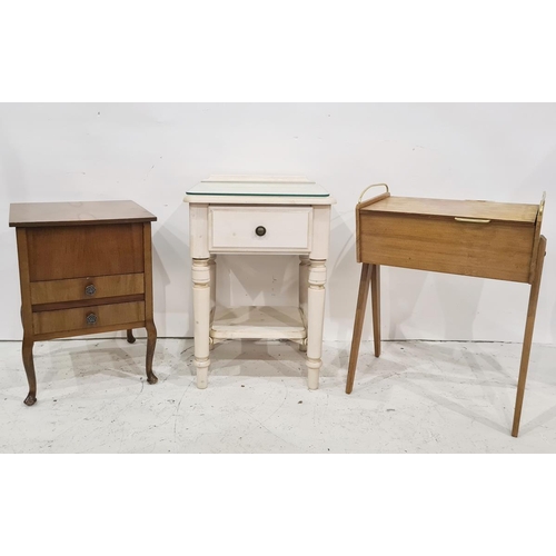 1095 - White painted bedside table with single drawer, a walnut work table and a sewing box (3)