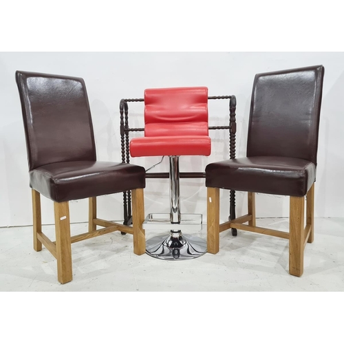 1098 - Set of six brown leatherette covered dining chairs and two bar stools in red leatherette and chrome ... 