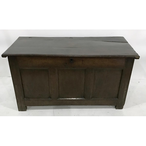 1102 - 18th century oak coffer, the rectangular top with moulded edge above three plain panels to the front... 