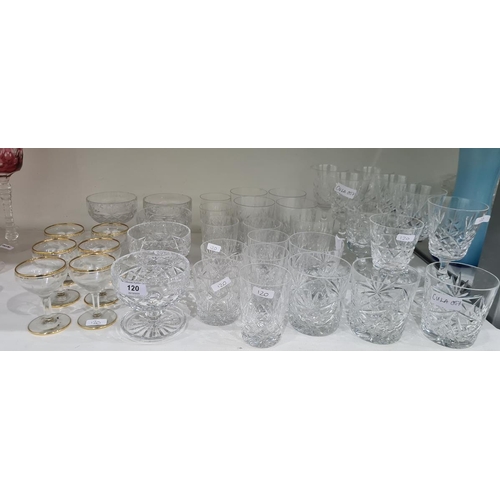 120 - Set of five cut sundae dishes, 18 various cut tumblers, eight cut wines and seven other glass items