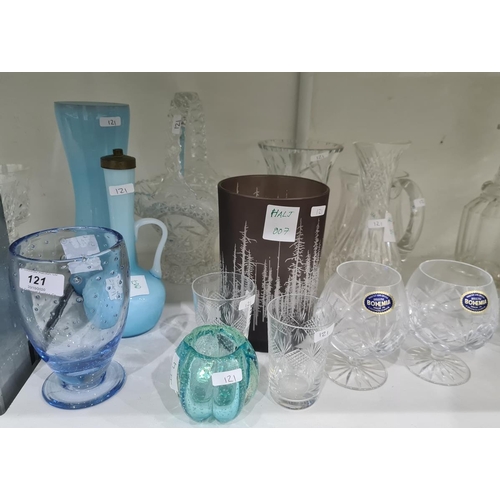 121 - Two cut glass vases, cut glass water jug, blue opaline vase and ewer, blue bubble glass vase and sev... 