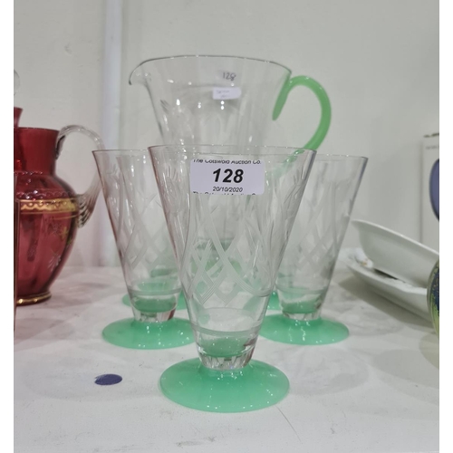 128 - Art Deco style clear and green opaque part lemonade set viz:- jug and five tumblers, each tapering w... 