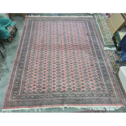 1360 - Persian rug, red ground, multi gold in cream and green rectangular lozenge, with multi-border; measu... 