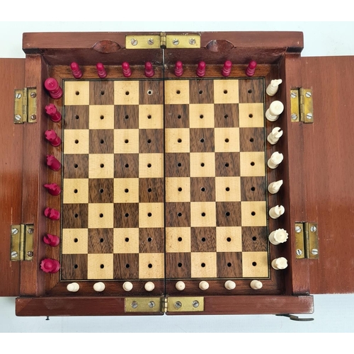 218 - Wooden box travelling chess set with bone miniature chess pieces in white and stained red, 20cm wide