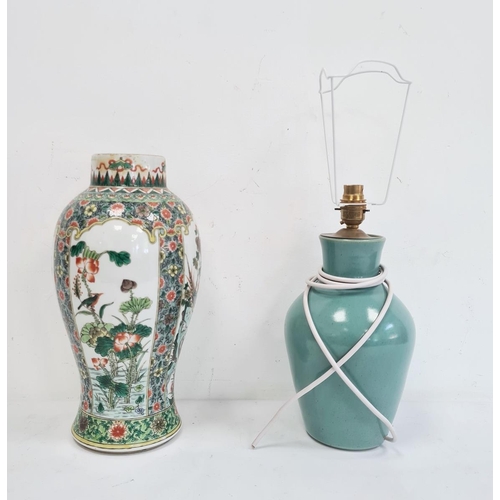 22 - 19th century Chinese famille verte inverse baluster-shaped porcelain vase/table lamp, 40cm high appr... 