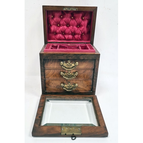 220 - Victorian walnut jewellery box with hinged lid, fuschia padded interior, bevelled glass lockable fra... 