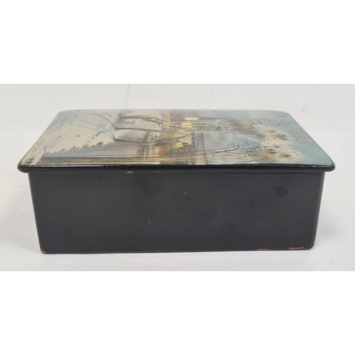 221 - Russian rectangular lacquered box, black with winter scene to lid, signed indistinctly lower right a... 