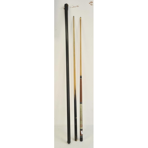 229 - Two vintage pool cues, one one-piece (cased in black lockable tube), the other two-piece (2)